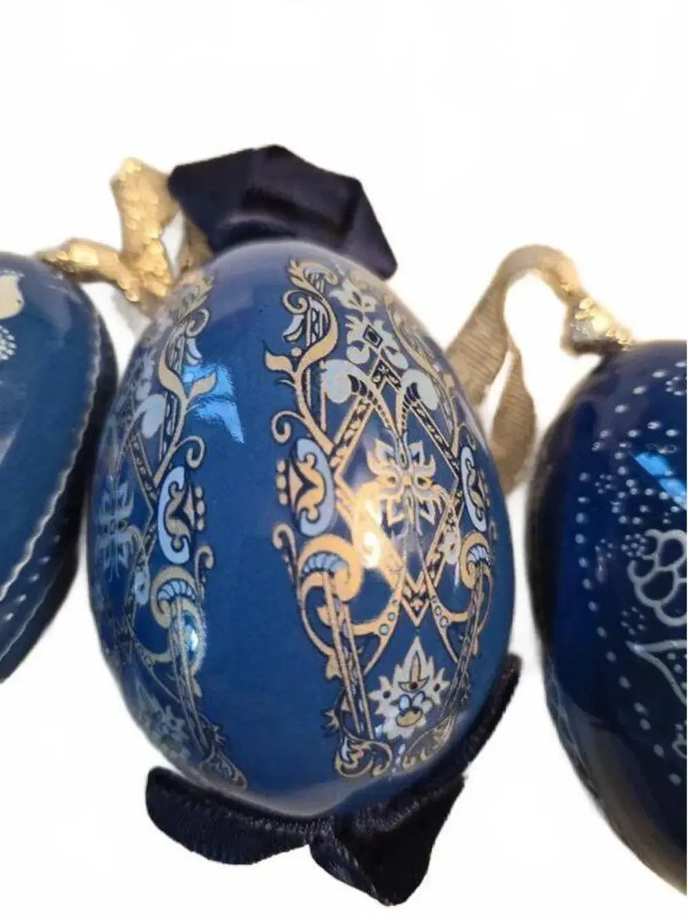 Set of 3 Hand Painted Blue Lacquer Hanging Egg Ornaments Vintage Folk Art